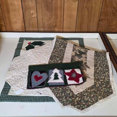 LOT 130S: Three Vintage Handmade Wooden Holiday Crafts & Table Quilts