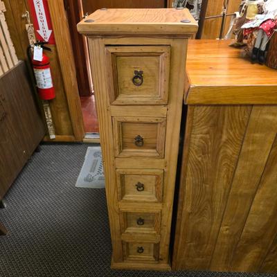 LOT 135S: Rustic Mexican Pine 5-Drawer Tall Cabinet W/Metal Ring Drawer Pulls