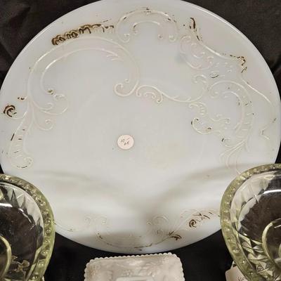 Lot of 5 Vintage Items Including Edwardian Milk Glass, Westmoreland Puff Box and Jeannette Glass Compote