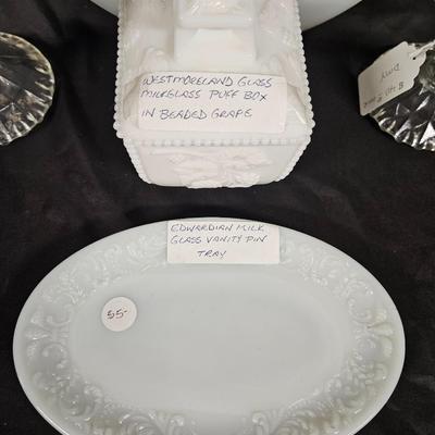 Lot of 5 Vintage Items Including Edwardian Milk Glass, Westmoreland Puff Box and Jeannette Glass Compote