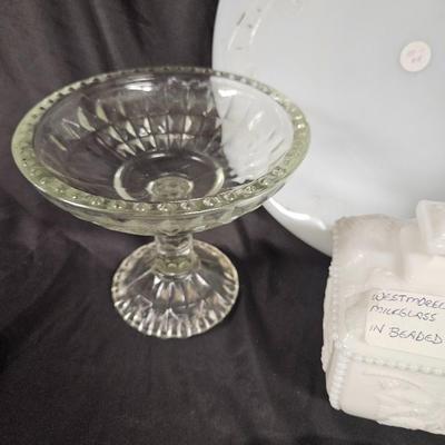 Lot of 5 Vintage Items Including Edwardian Milk Glass, Westmoreland Puff Box and Jeannette Glass Compote