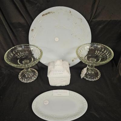 Lot of 5 Vintage Items Including Edwardian Milk Glass, Westmoreland Puff Box and Jeannette Glass Compote