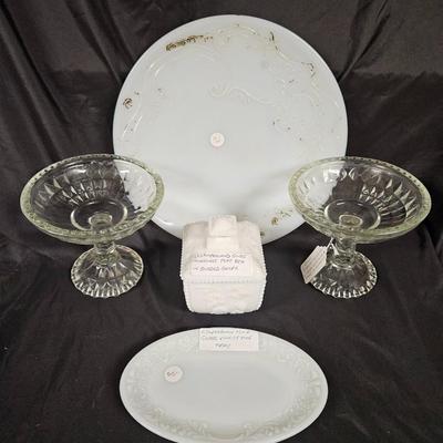 Lot of 5 Vintage Items Including Edwardian Milk Glass, Westmoreland Puff Box and Jeannette Glass Compote