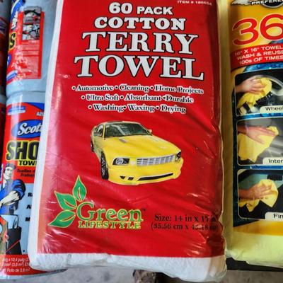 Table Lot of Shop Towels Microfibers, Cotton Terry , Scott Shop Towels rolls