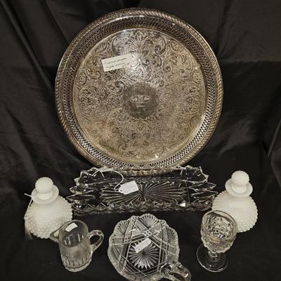 Vintage Lot of 7 Items Including DuPont Safety Award Tray, Celery Dish and White Hobnail Bottles with Stoppers