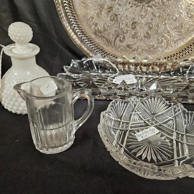 Vintage Lot of 7 Items Including DuPont Safety Award Tray, Celery Dish and White Hobnail Bottles with Stoppers