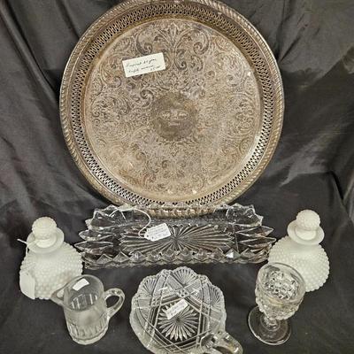 Vintage Lot of 7 Items Including DuPont Safety Award Tray, Celery Dish and White Hobnail Bottles with Stoppers