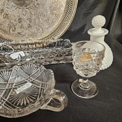 Vintage Lot of 7 Items Including DuPont Safety Award Tray, Celery Dish and White Hobnail Bottles with Stoppers