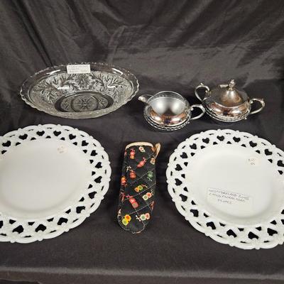 Lot of 6 Vintage Items Including 2 Westmoreland Lace Milk Glass Plates, Sugar & Creamer and Serving Bowl