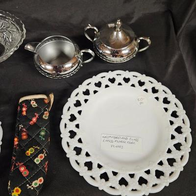 Lot of 6 Vintage Items Including 2 Westmoreland Lace Milk Glass Plates, Sugar & Creamer and Serving Bowl