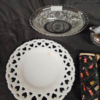 Lot of 6 Vintage Items Including 2 Westmoreland Lace Milk Glass Plates, Sugar & Creamer and Serving Bowl