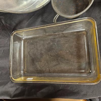 Lot of 5 Vintage Kitchen Tools Including Baking Dishes, Pie Pan and Sieves
