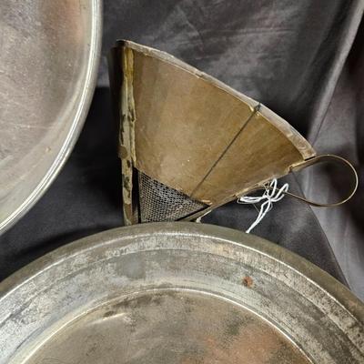 Lot of 5 Vintage Kitchen Tools Including Baking Dishes, Pie Pan and Sieves