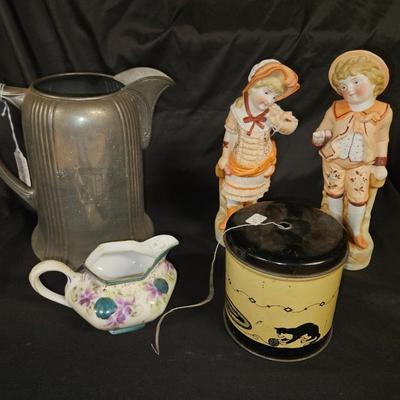 Lot of 5 Vintage Items Including Art Deco Pewter Engraved Pitcher, Creamer, Yarn Feed Tin and Figurines