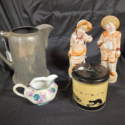 Lot of 5 Vintage Items Including Art Deco Pewter Engraved Pitcher, Creamer, Yarn Feed Tin and Figurines