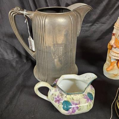 Lot of 5 Vintage Items Including Art Deco Pewter Engraved Pitcher, Creamer, Yarn Feed Tin and Figurines