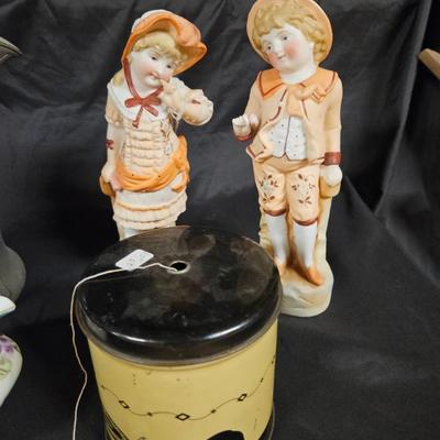 Lot of 5 Vintage Items Including Art Deco Pewter Engraved Pitcher, Creamer, Yarn Feed Tin and Figurines