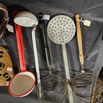 Lot of 7 Vintage & Rustic Kitchen Tools Including Stainless Steel Water Pitcher, Enamel and Handmade Trivet