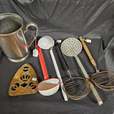 Lot of 7 Vintage & Rustic Kitchen Tools Including Stainless Steel Water Pitcher, Enamel and Handmade Trivet