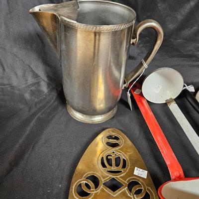 Lot of 7 Vintage & Rustic Kitchen Tools Including Stainless Steel Water Pitcher, Enamel and Handmade Trivet