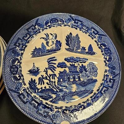 Antique Set of 10 Blue Willow Divided Grille Plates