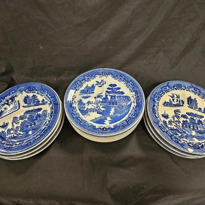 Antique Set of 10 Blue Willow Divided Grille Plates