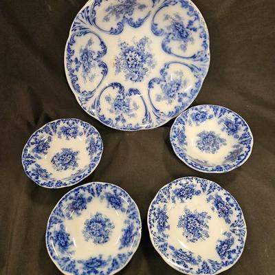 Antique Flow Blue Berry Bowl with 4 Bowls - "Libertas"