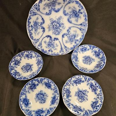 Antique Flow Blue Berry Bowl with 4 Bowls - "Libertas"