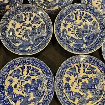Lot of 12 Blue Willow Items Including 9 Saucers and 3 Sandwich Plates