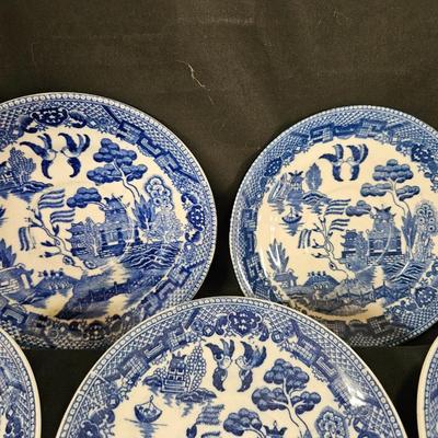 Lot of 12 Blue Willow Items Including 9 Saucers and 3 Sandwich Plates