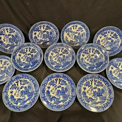 Lot of 12 Blue Willow Items Including 9 Saucers and 3 Sandwich Plates