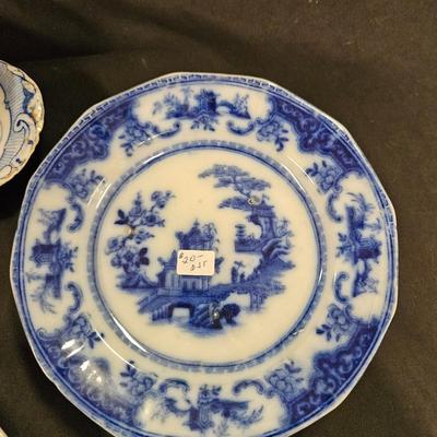 Lot of 5 Antique Flow Blue Items Including Burgess & Leigh Cup and Saucer and 3 Plates