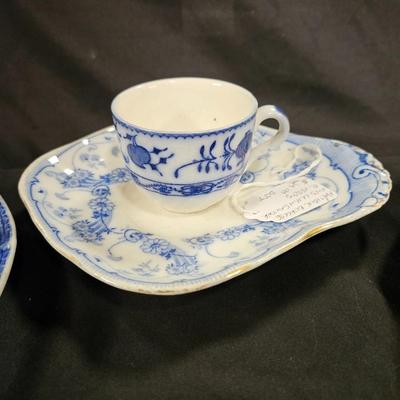 Lot of 5 Antique Flow Blue Items Including Burgess & Leigh Cup and Saucer and 3 Plates
