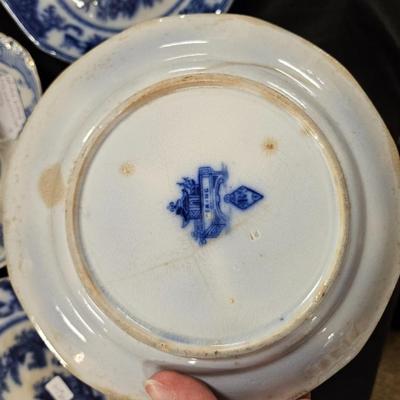 Lot of 5 Antique Flow Blue Items Including Burgess & Leigh Cup and Saucer and 3 Plates