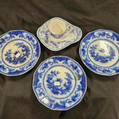 Lot of 5 Antique Flow Blue Items Including Burgess & Leigh Cup and Saucer and 3 Plates