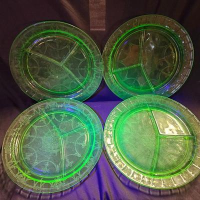 Vintage Set of 4 Uranium Green Depression Divided Plates
