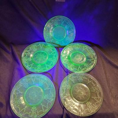 Vintage Set of 5 Uranium Depression Green Ballerina Princess Saucers