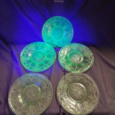 Vintage Set of 5 Uranium Depression Green Ballerina Princess Saucers