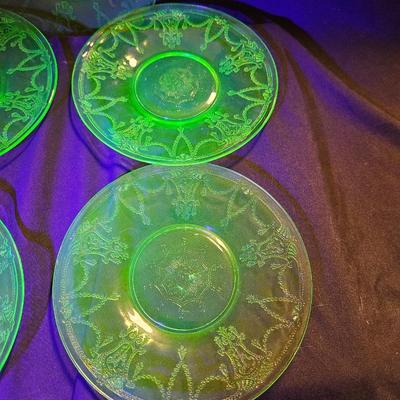 Vintage Set of 5 Uranium Depression Green Ballerina Princess Saucers
