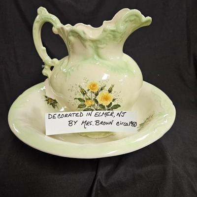 Vintage Floral Pitcher & Bowl - 12" Tall Decorated In Elmer, NJ
