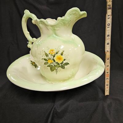 Vintage Floral Pitcher & Bowl - 12" Tall Decorated In Elmer, NJ