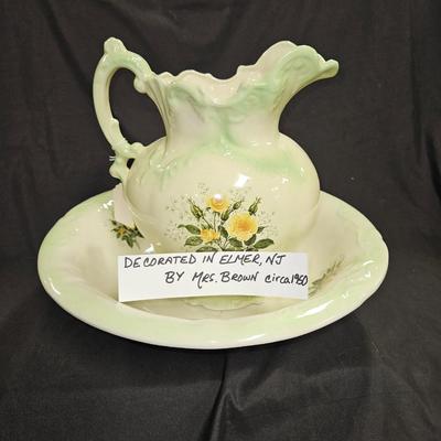 Vintage Floral Pitcher & Bowl - 12" Tall Decorated In Elmer, NJ