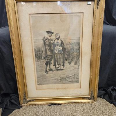 Antique Pricilla & John Alden Pilgrim Framed Print 44" Tall