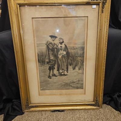 Antique Pricilla & John Alden Pilgrim Framed Print 44" Tall