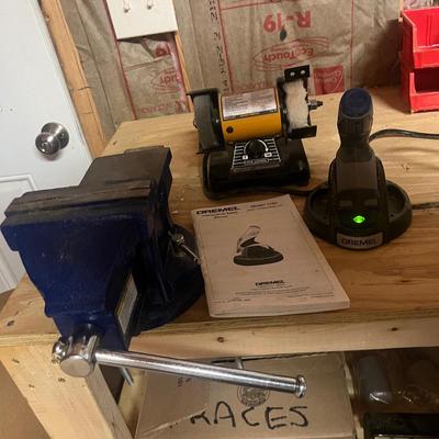 Cordless Dremel, Central Forge Vise & Central Electric 3” Bench Grinder (W-MG)