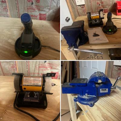 Cordless Dremel, Central Forge Vise & Central Electric 3” Bench Grinder (W-MG)