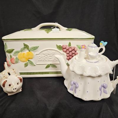Lot of 3 Vintage Items Including Portuguese Bread Box, Teleflora Teapot and Rio Hondo California Pottery Type Piggy Bank