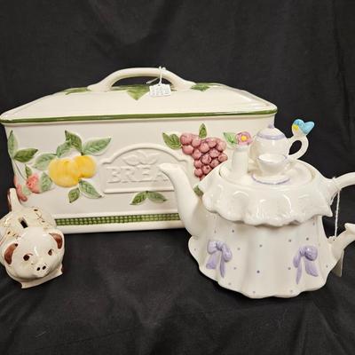 Lot of 3 Vintage Items Including Portuguese Bread Box, Teleflora Teapot and Rio Hondo California Pottery Type Piggy Bank