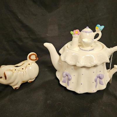 Lot of 3 Vintage Items Including Portuguese Bread Box, Teleflora Teapot and Rio Hondo California Pottery Type Piggy Bank