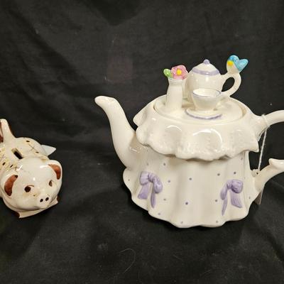Lot of 3 Vintage Items Including Portuguese Bread Box, Teleflora Teapot and Rio Hondo California Pottery Type Piggy Bank